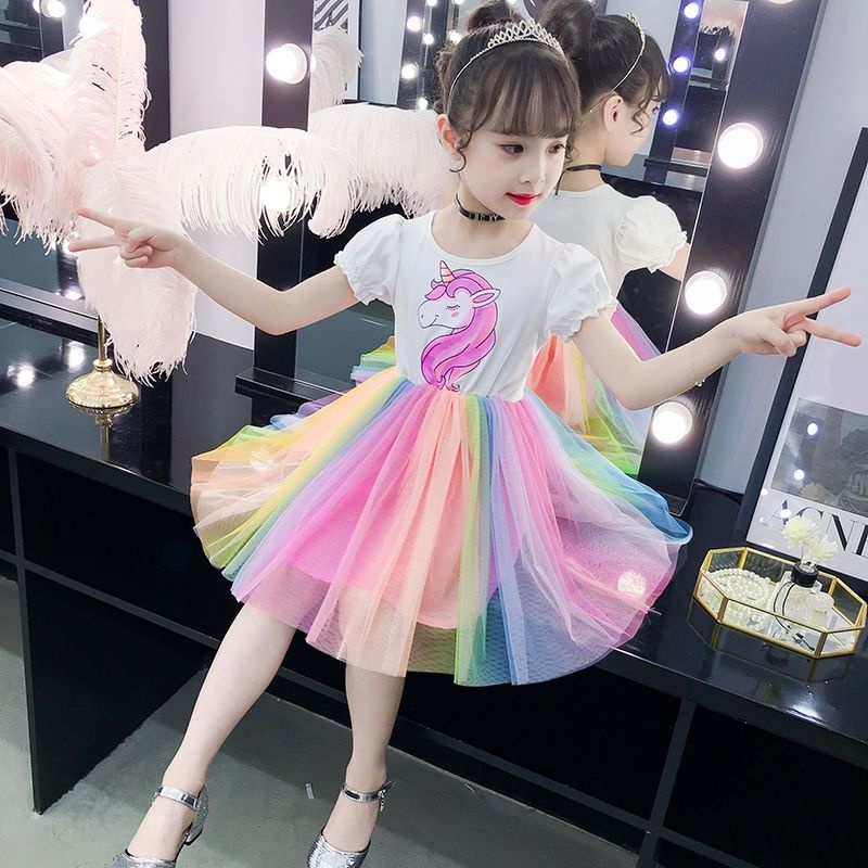 Váy cô gái váy cầu vồng mới cô gái nhỏ váy công chúa váy trẻ em