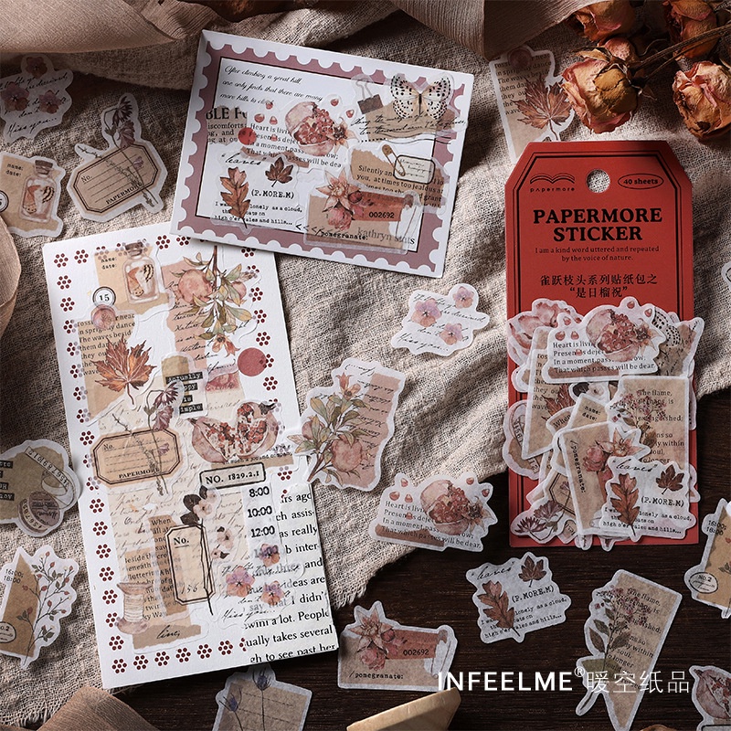 S78 - Set 20 stickers washi nhánh cây hoa quả vintage cổ điển PaperMore trang trí sổ bullet journal, junk journal