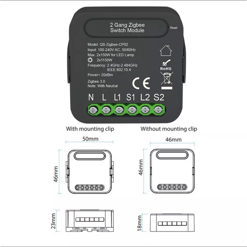 Công tắc module Tuya Wifi/ Zigbee hỗ trợ 2 công tắc cơ 1 chiều hoặc 2 chiều