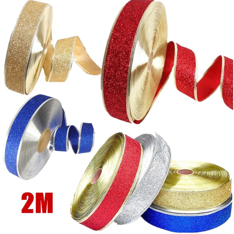 Cuộn Dây Ruy Băng 2M Màu Vàng / Bạc Lấp Lánh Trang Trí Cây Thông Giáng Sinh DIY
