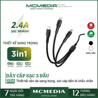 Dây Sạc 3 Đầu 3 In 1 Thiết Kế Vân Da Sang Trọng (MicroUSB + Lightning + Type C) Cáp Đa Năng 3 Trong 1 Sạc Nhiều Thiết Bị