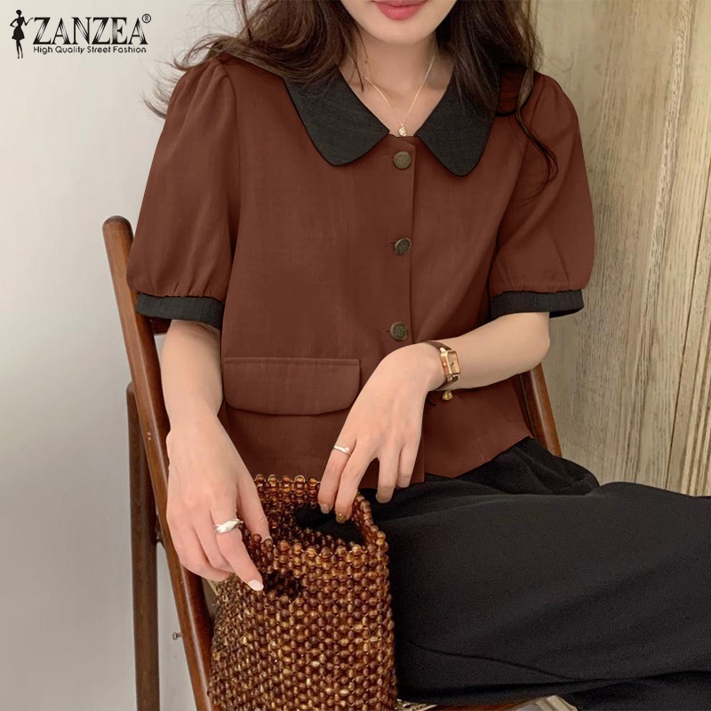 Áo sơ mi ZANZEA tay ngắn phồng cổ bẻ thời trang Hàn Quốc dành cho nữ