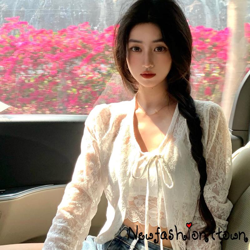 ღtwღWomen´s Summer Cardigan Jacket Solid Color Long Sleeves Strappy Sun Protection Cropped Lace Shirt