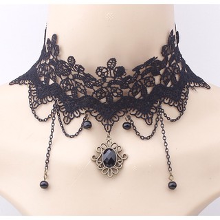 Vòng cổ choker đen mặt đá quý