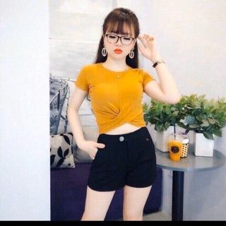 Áo croptop xoắn eo zip cotton