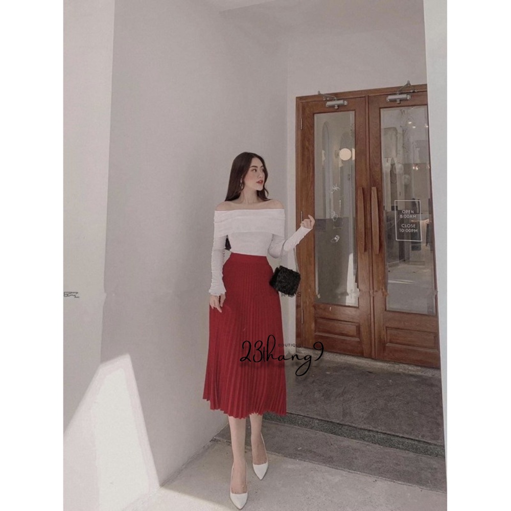 Chân váy xếp ly dài - chân váy midi dài lưng cao kèm đai vải QUẢNG CHÂU cao cấp màu đen be nâu công sở đi chơi