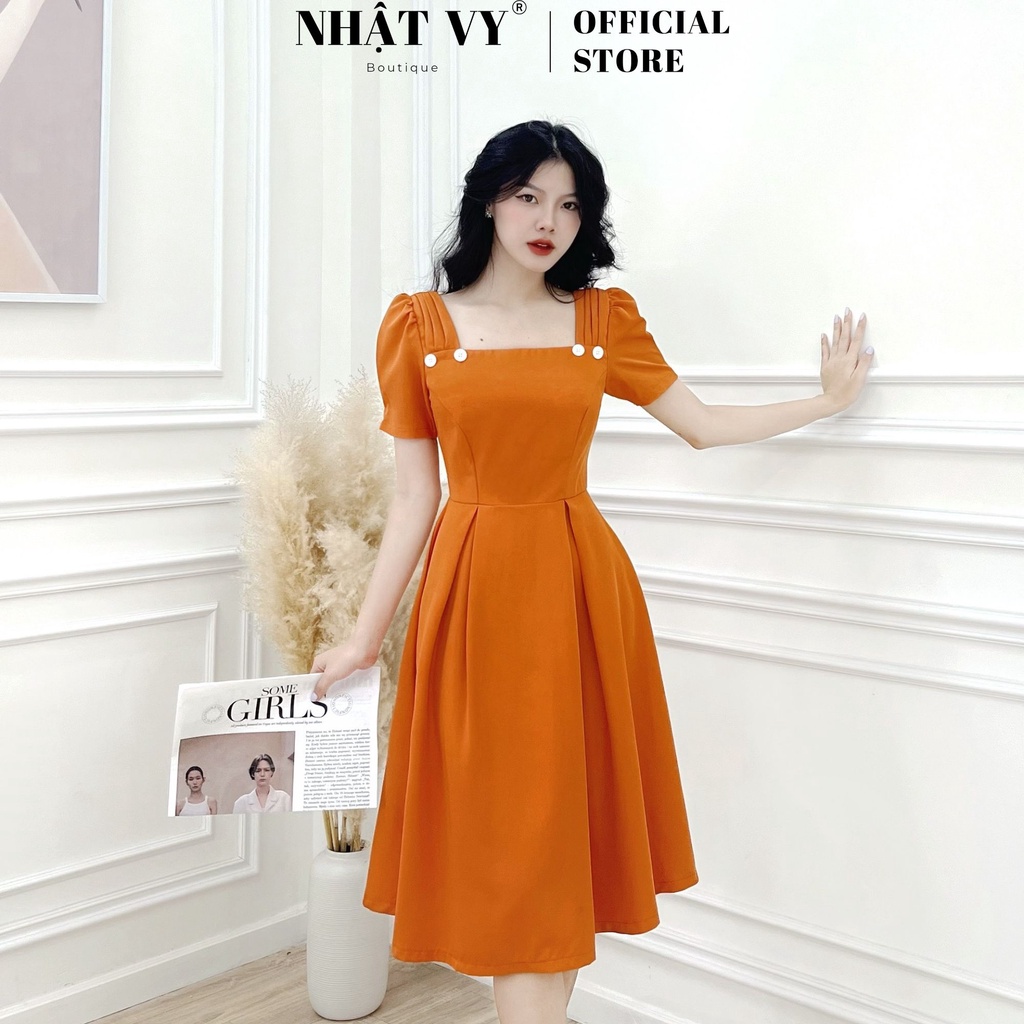 Đầm dự tiệc Nhật Vy cổ vuông đính nút dáng xoè xếp ly chất cotton phù hợp đi chơi, dạo phố, cafe sang chảnh - D2496
