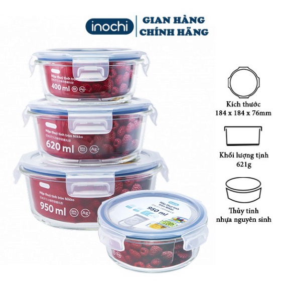 Hộp Thuỷ Tinh Tròn Đựng Thực Phẩm Nikko INOCHI Bảo Quản Thực Phẩm Tươi Tiêu Chuẩn Nhật Bản