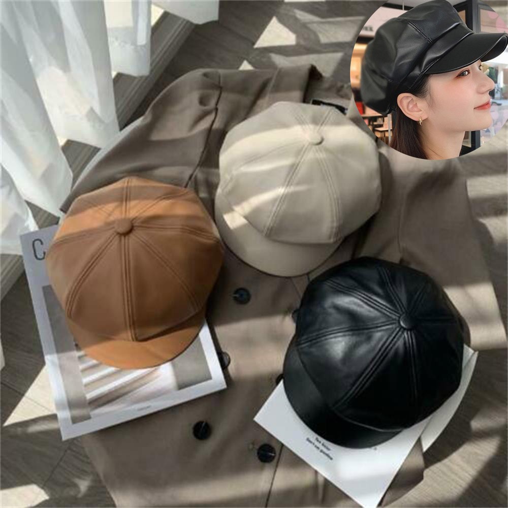 Mũ nồi bằng da pu màu trơn thời trang thu đông cho nữ