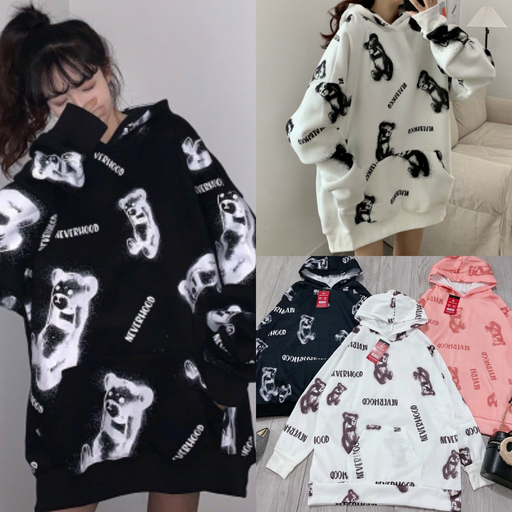 Áo Nỉ Sweater Bông Nữ Unisex  - Áo Hoodie Nữ Form Rộng Dài Tay Có Mũ Nón Túi Trước hình gấu HODI | BigBuy360 - bigbuy360.vn