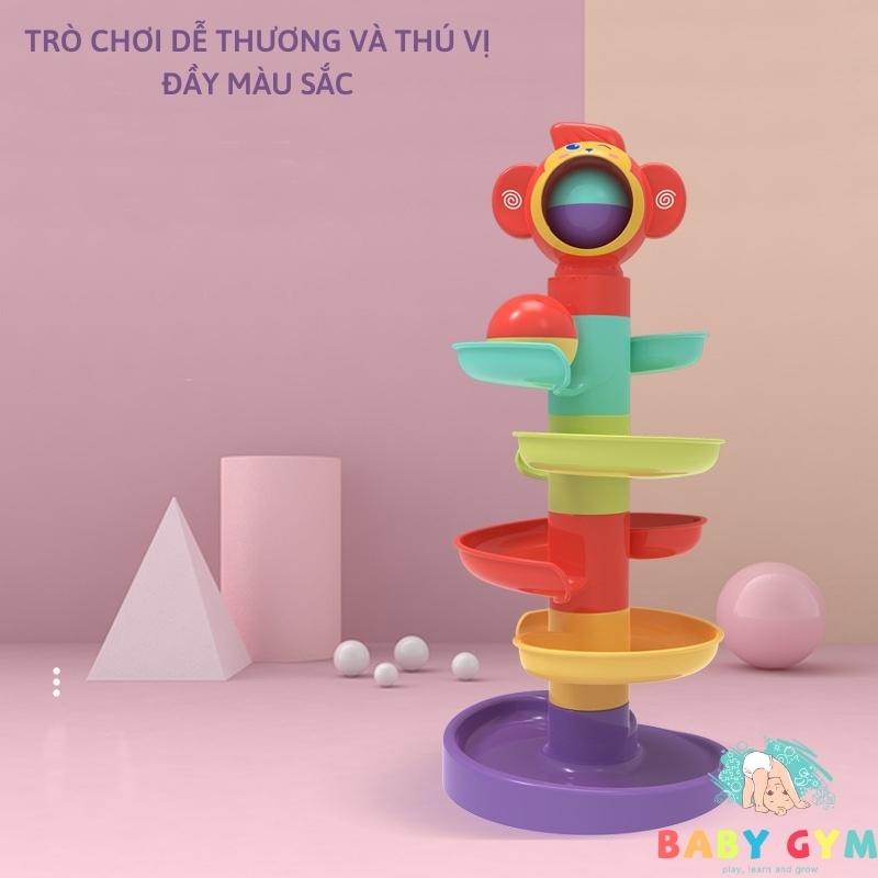 Tháp bóng lăn cầu trượt thả bóng xoay tròn hình chú khỉ dễ thương, nhiều màu sắc, an toàn - BABYGYM