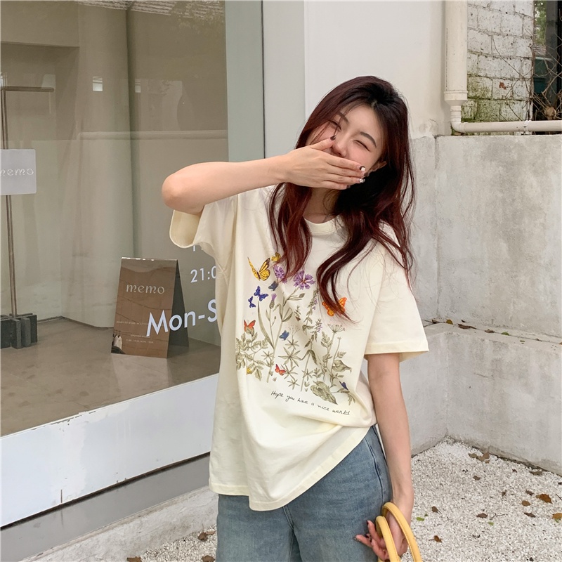 Áo thun SUXI cotton tay ngắn cổ tròn in họa tiết hoa phong cách Hàn Quốc trẻ trung cho nữ