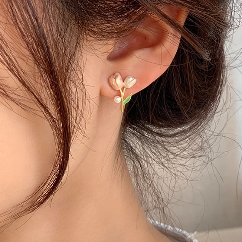 Bông Tai Mạ Bạc 925 Hình Hoa Tulip Hồng Thời Trang