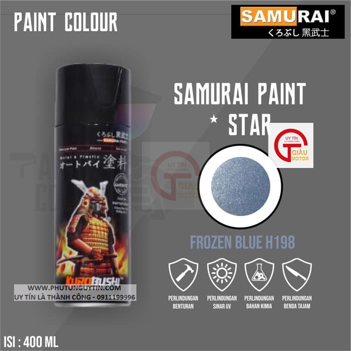 H198 - BỘ SƠN XỊT SAMURAI LÓT 1TP UCH210 NỀN TRẮNG 102 MÀU XANH NHẠT H198 BÓNG 2K01_ MÀU XANH BĂNG GIÁ_FROZEN BLUE