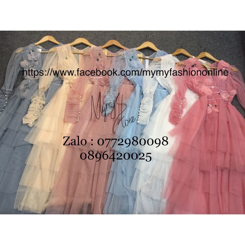 Đầm xoè tay dài lưới tầng xếp kết hoa nổi TIPBLE T DRESS -MS27V-Size S/M/L/XL đến 64kg