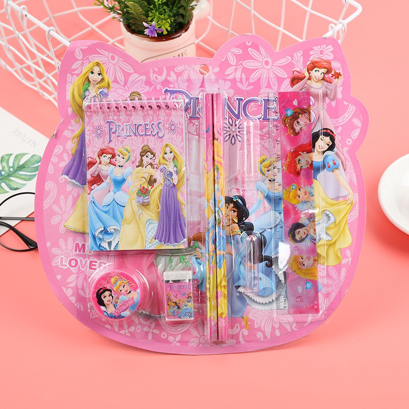 🌸Bộ Bút chì, thước kẻ, gọt bút, tẩy chì,sổ ghi chú xinh xắn hình dáng người nhện doremon mickey elsa cho bé