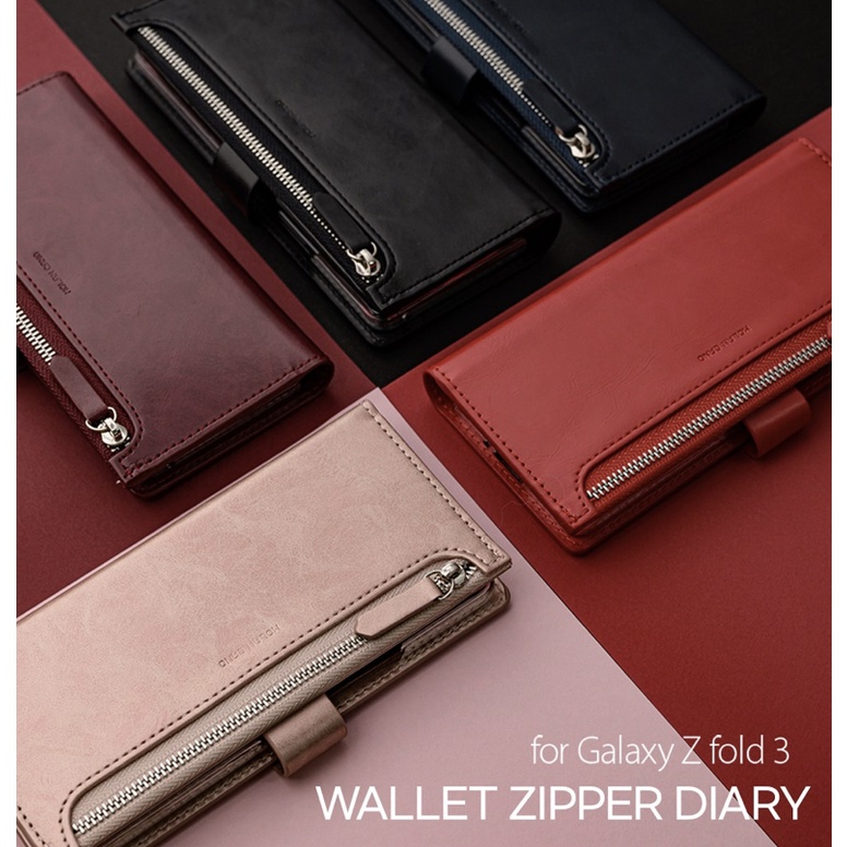 Leather Wallet Case for galaxy Z Fold 2 3 4  s22 ultra plus - 6 Colors / Card holder Zipper Diary wine red brown navy black pink Korea fold3 fold2 fold4