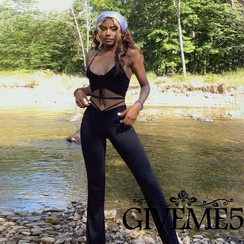 Set Áo Lửng Hai Dây Và Quần Dài Ống Loe Thời Trang Quyến Rũ Dành Cho Nữ