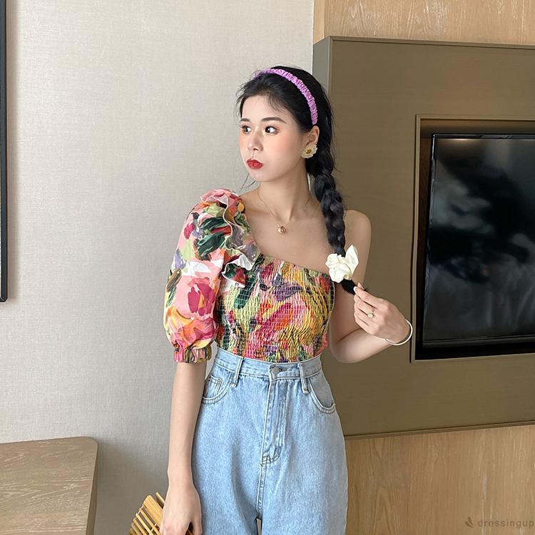 Áo Trễ Vai Tay Phồng In Hoa Thanh Lịch Dành Cho Nữ