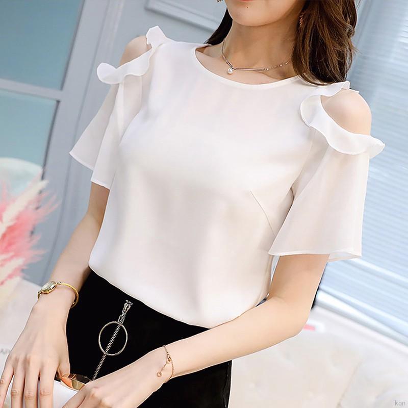 Áo kiểu tay ngắn chất chiffon thiết kế khoét vai phối bèo thanh lịch dành cho nữ