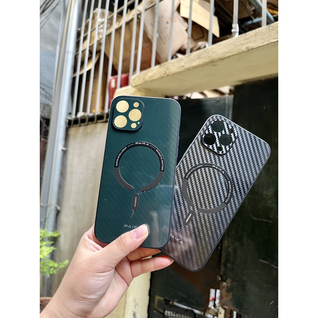 Ốp lưng PAIKA lưng cứng vân cacbon viền dẻo hỗ trợ sạc magsafe không dây cao cấp iPhone X XS 11 12 13 PRO MAX