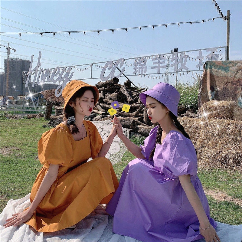 COZOK Đầm Tay Phồng Cổ Vuông Form Rộng Thời Trang Trẻ Trung