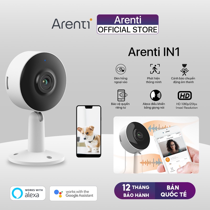 Camera IP WiFi Arenti IN1 xoay 120° FHD 1080P phát hiện chuyển động và phát hiện âm thanh bản quốc tế
