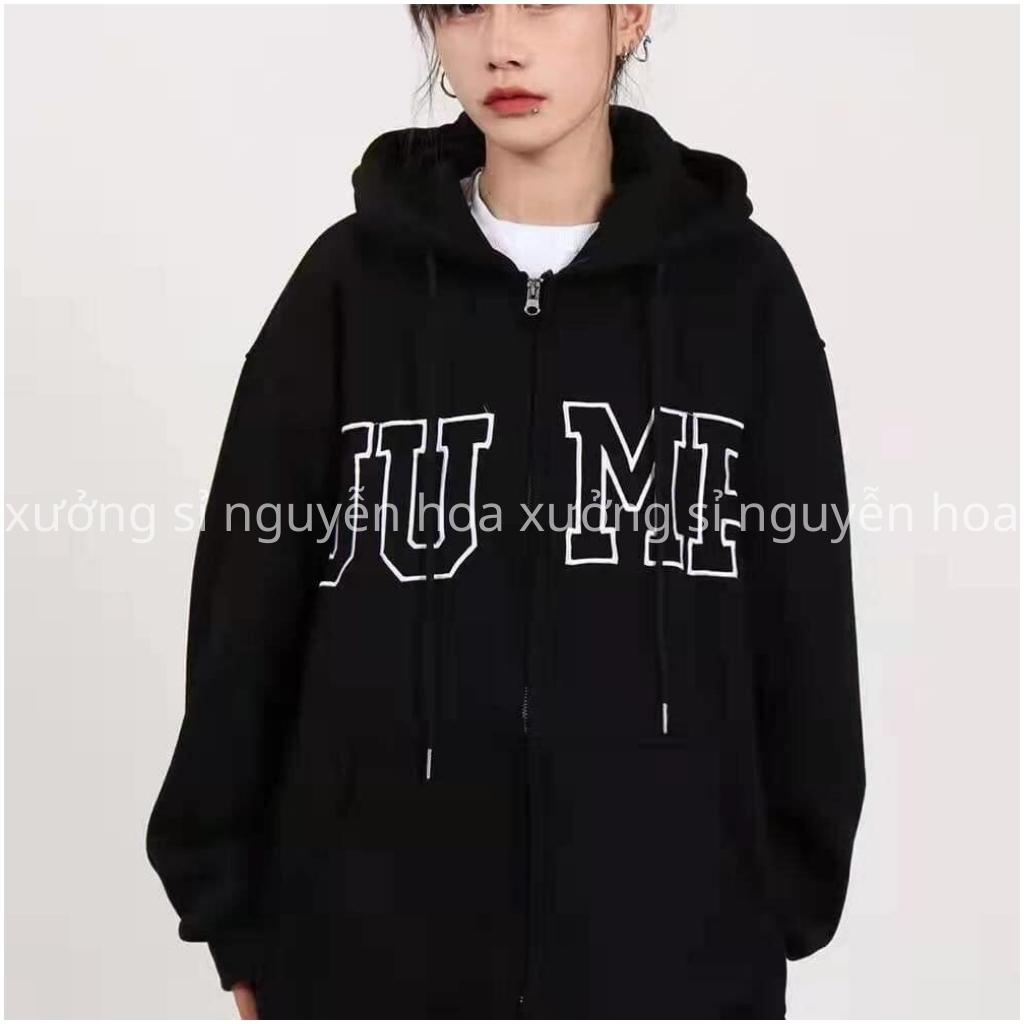 Áo khoác nỉ unisex Jump dáng rộng nam nữ mặc được 2 màu đen xanh than basic