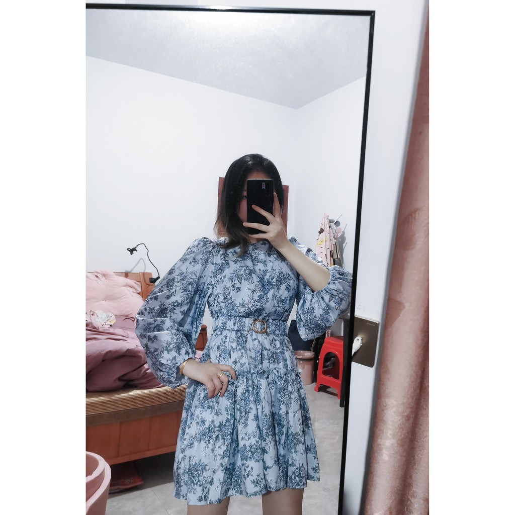 [HÀNG ORDER] Có ảnh thật. Váy hoa cổ tròn tay bồng hàng Quảng Châu, đầm hoa xanh dáng xoè kèm belt | BigBuy360 - bigbuy360.vn