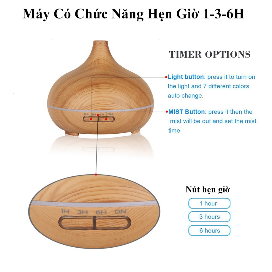 Máy Khuếch Tán Tinh Dầu, MKT1801 Cổ Cao Vân Gỗ, Dung Tích 550ML, Có Điều Khiển, Bảo Hành 6 Thán