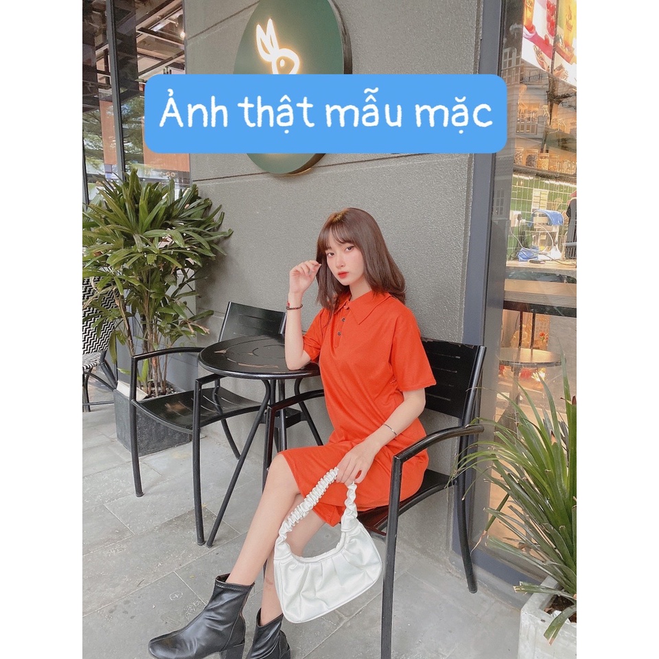 Đầm Maxi Cài Cúc Cổ Bẻ Tay Cộc Cam Đen - Váy Nữ Polo Dáng Dài