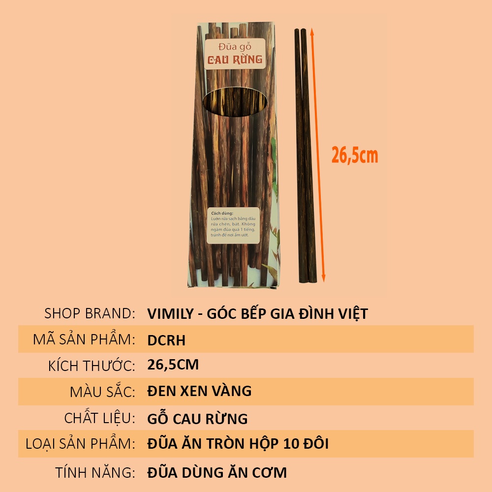 Đũa cao cấp ăn cơm tròn gỗ Cau Rừng kháng khuẩn chịu nhiệt VIMILY hộp 10 đôi