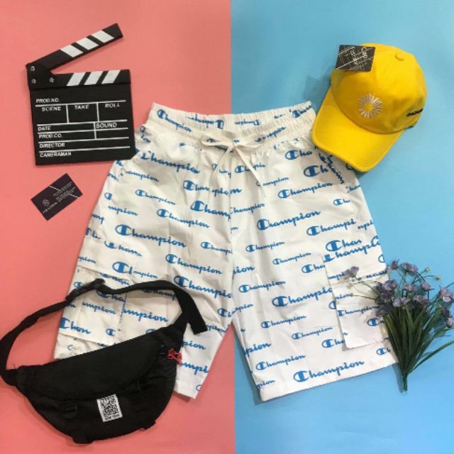 Quần short vải dù túi hộp họa tiết Champion , MADE BY F.O.F