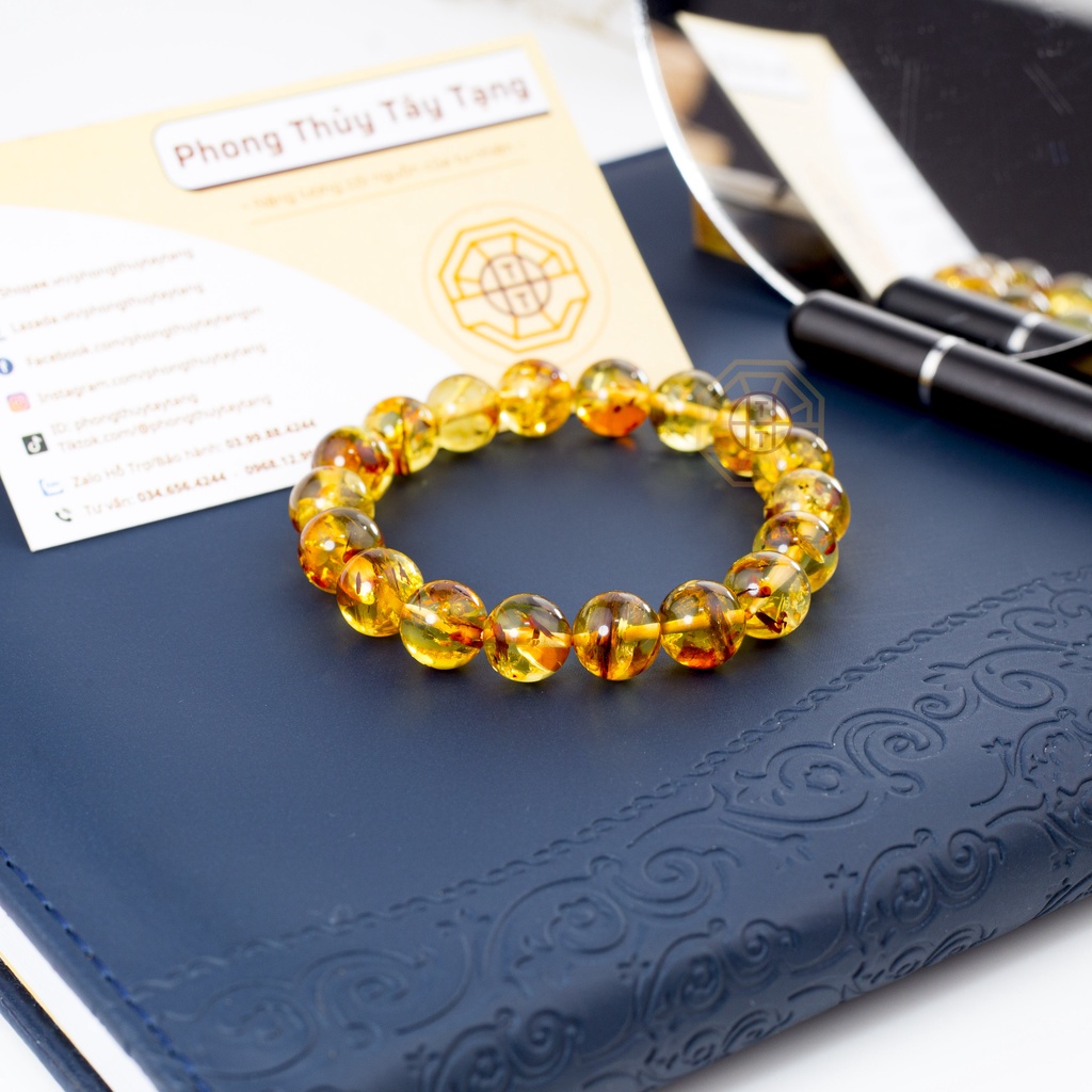 Vòng Tay Phong Thủy Hổ Phách Amberr Tự Nhiên [TẶNG HỘP GỖ] nam nữ mệnh Thổ Kim - Phong Thủy Tây Tạng