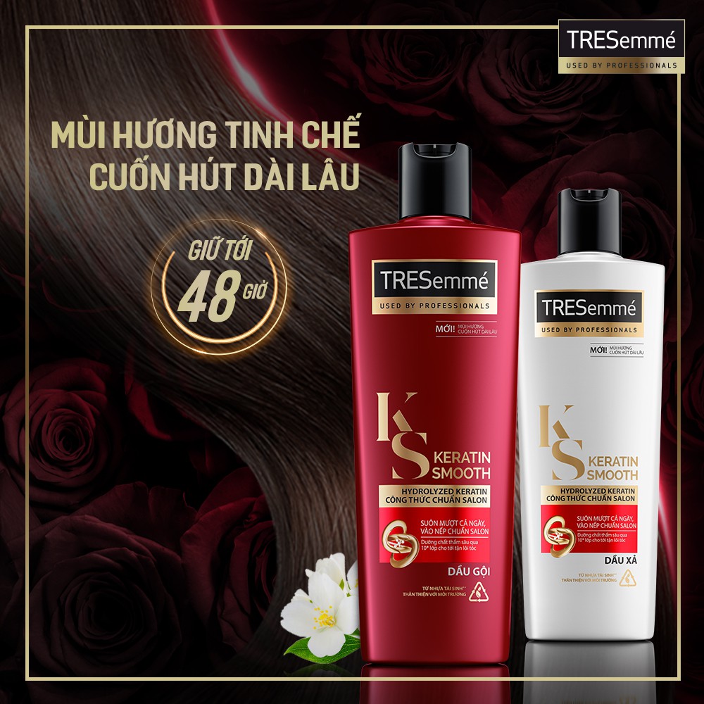 Combo Dầu Gội, Dầu Xả, Kem Ủ, Serum TRESEMME Keratin Smooth Cho tóc khô xơ rối Vào Nếp Suôn Mượt 640g, 620g, 180ml, 97ml