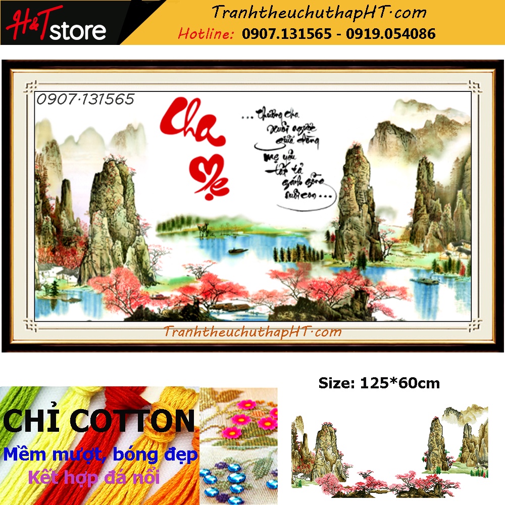 Tranh đính đá - Tranh thêu chữ thập Cha mẹ LV462, LV3456: 125*60cm - Chưa thêu