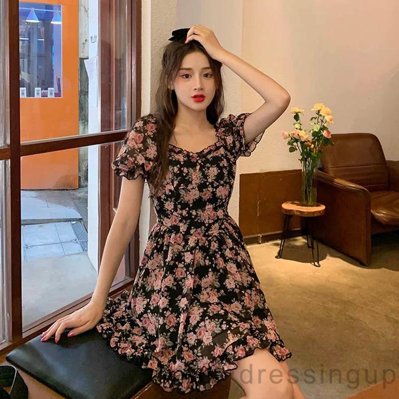 Đầm chữ A cổ vuông tay ngắn phồng eo cao thời trang mùa hè cho nữ