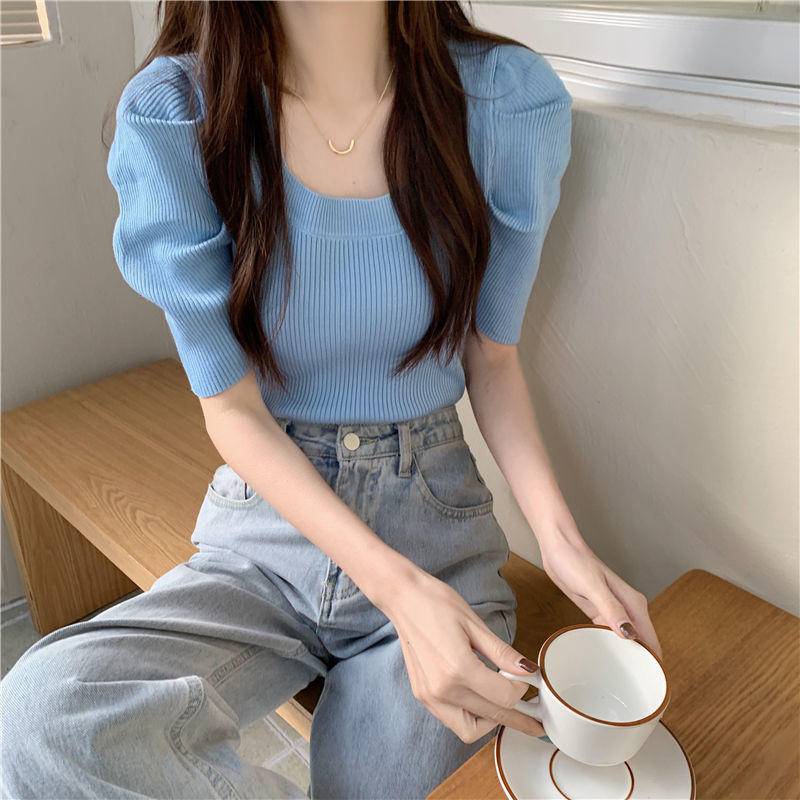 Áo Dệt Kim Tay Phồng Ngắn Cổ Vuông Dáng Ôm Kiểu Pháp Thời Trang Cho Nữ