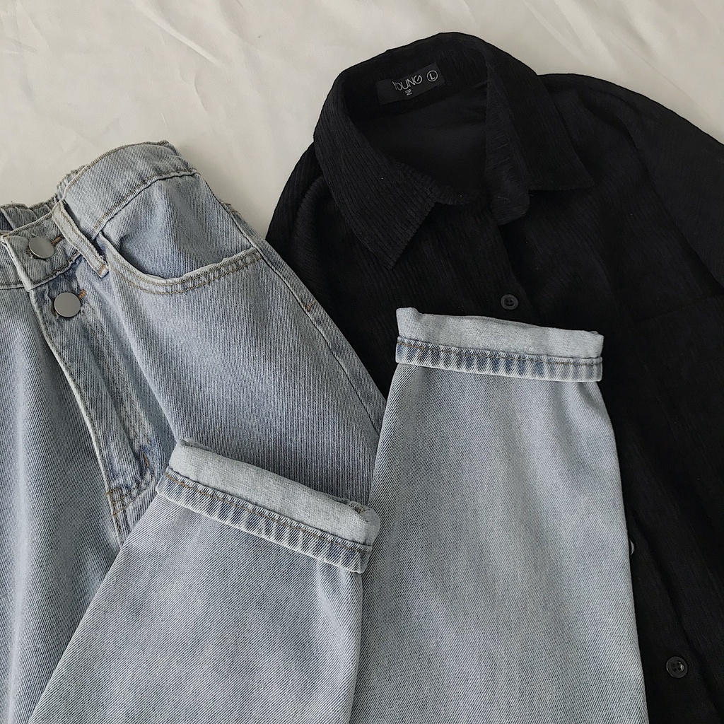 Quần Jean Nữ Ống Rộng JEM CLOSET Lưng Cao Màu Xanh Basic Form Siêu Hách Dáng ONIT 2953