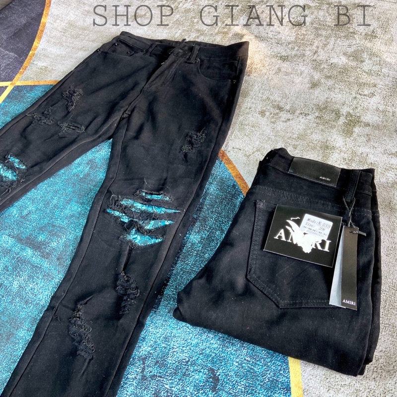 Quần jean vá gối xanh phối khoá,quần bò vá xanh amirii phối khoá dọc