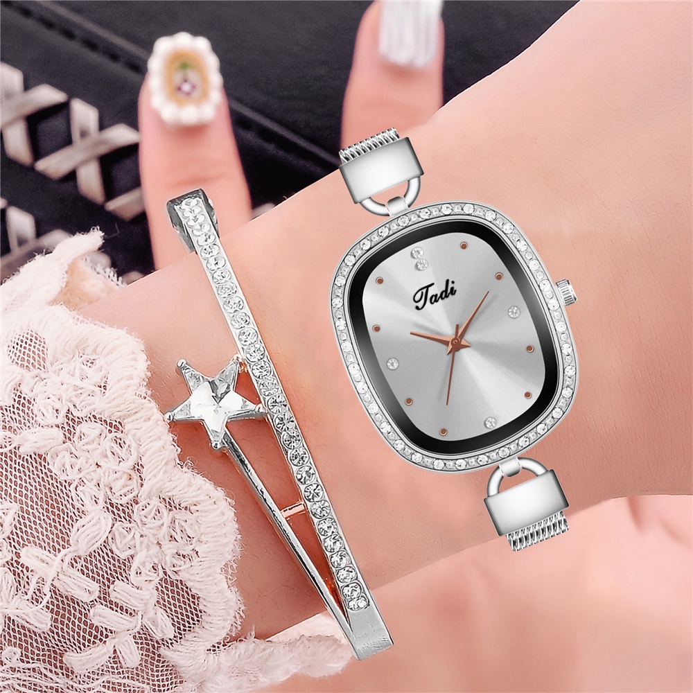 Đồng hồ analog máy quartz dây lưới mạ bạc dành cho nữ