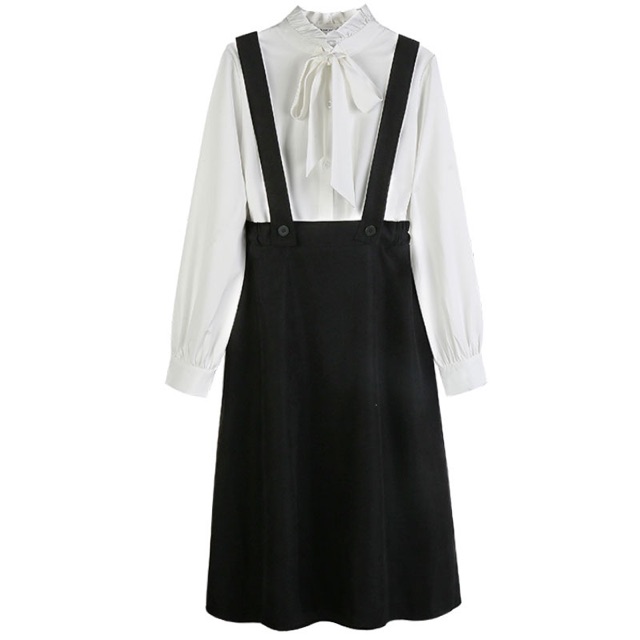 Bigsize M-4XL Set áo sơ mi + váy yếm dáng dài vintage thanh lịch
