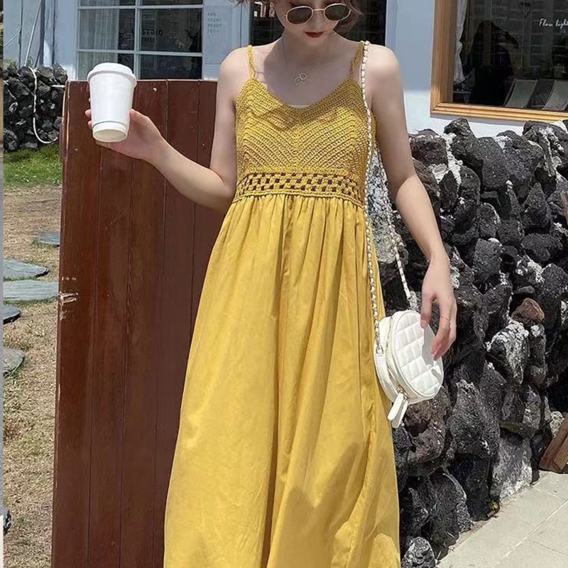 Đầm Hai Dây Dệt Kim Dáng Rộng Màu Trơn Thời Trang Đi Biển Cho Nữ