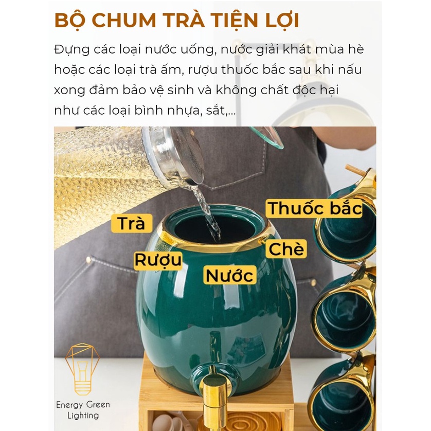 Bộ Chum Trà 6 Ly Bằng Sứ Energy Green Lighting Cao Cấp - Dung Tích 3L - Chum Trà Sứ Đa Năng Nước Detox, Nước Hoa Quả,Trà