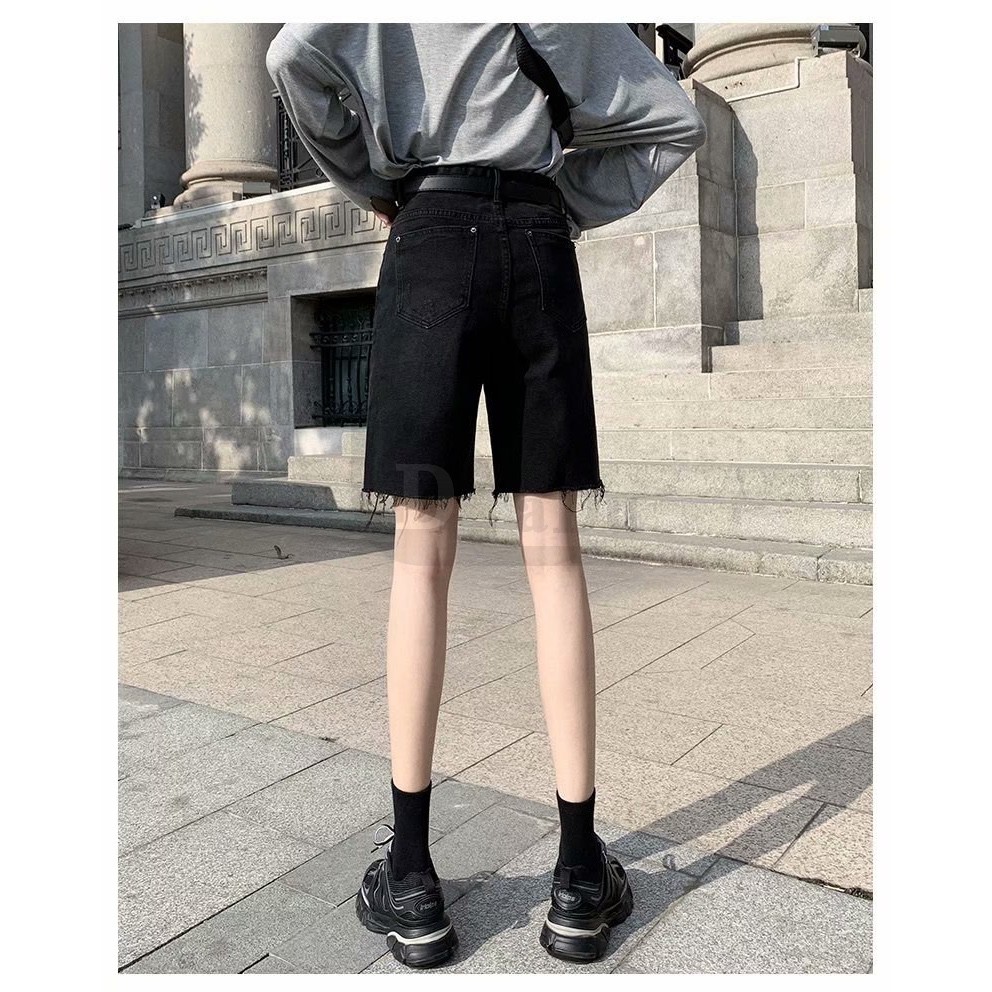 Quần short denim daduhey màu đen dáng suông ống rộng phong cách Hàn Quốc mùa hè cho nữ (không kèm thắt lưng Pos)