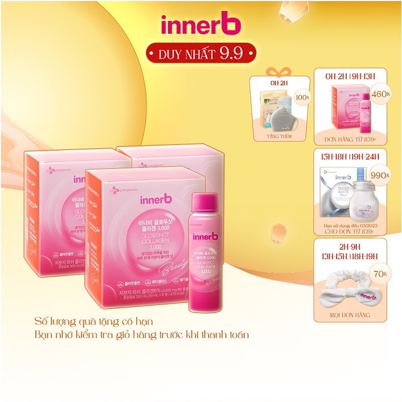 Bộ 3 hộp nước uống Collagen Vitamin C sáng da InnerB Glowshot (50mlx6)
