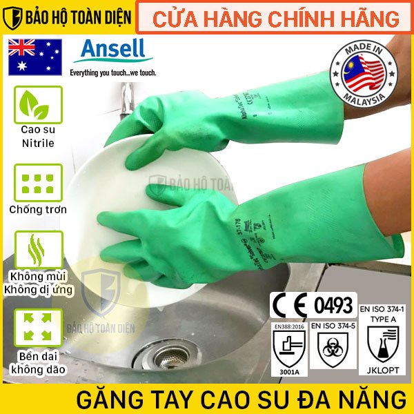 Găng tay cao su siêu bền Ansell 37-176. Găng tay rữa chén bát không mùi có lót cotton mềm mại, giữ ấm tay