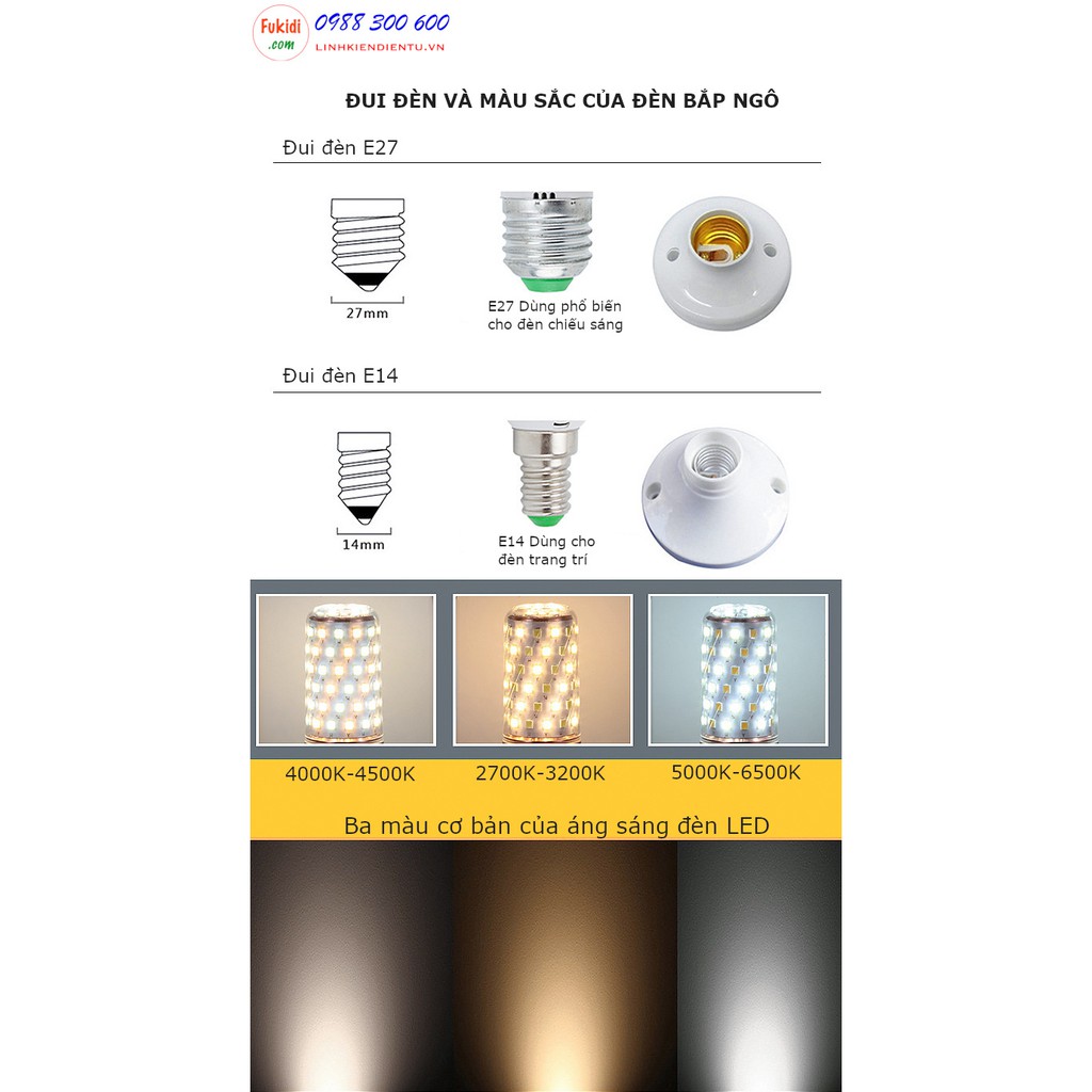 Đèn LED chiếu sáng dạng bắp ngô 220V 8W, màu vàng ấm 3000K trung tính 4000K hoặc trắng mát 6000K, đui vặn E27