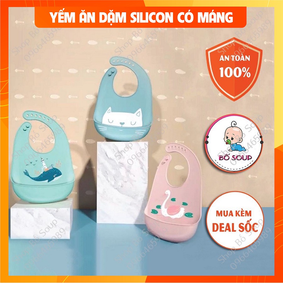 Yếm ăn dặm cho bé chất liệu silicon chống thấm mềm mại có máng hứng thức ăn Shop Bố Soup