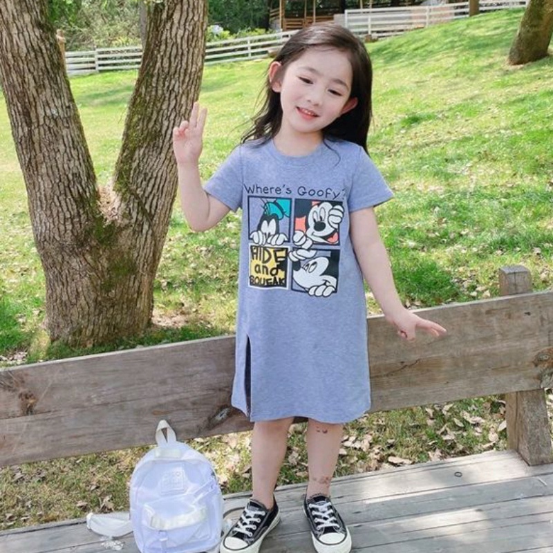 Đầm Thun Dài Tay Ngắn Phong Cách Hàn Quốc Cho Bé Gái